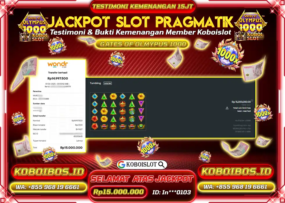 BUKTI KEMENANGAN In*** SLOT GATES OF OLYMPUS 1000 Rp15.000.000,- LUNAS