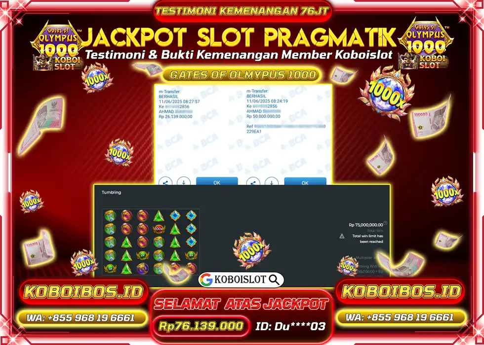 BUKTI KEMENANGAN SLOT GACOR GATES OF OLYMPUS 1000 Rp76.139.000,- LUNAS