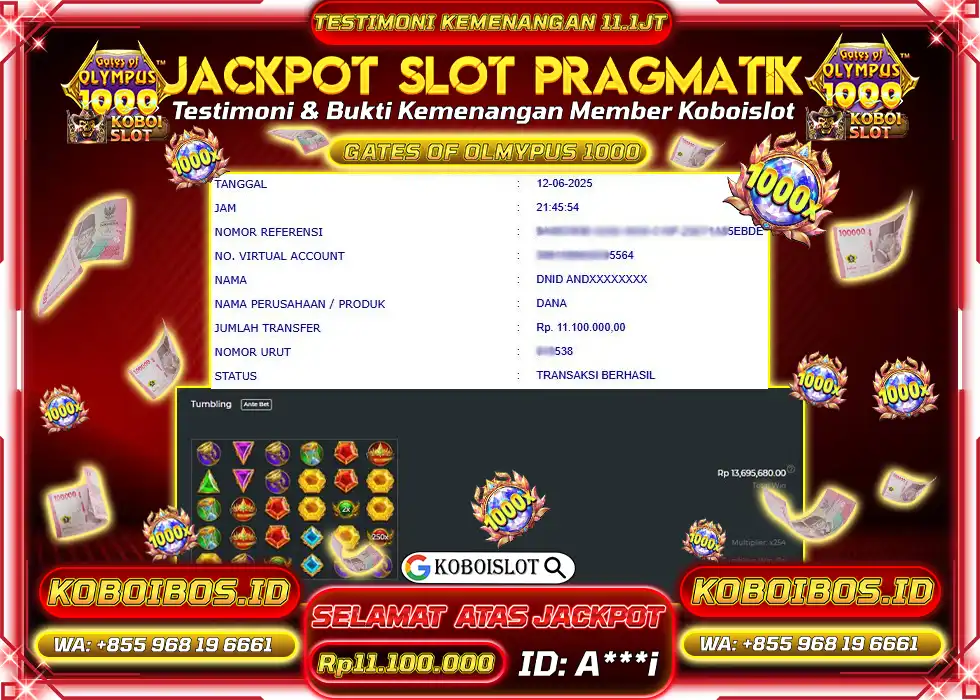 BUKTI KEMENANGAN SLOT GACOR GATES OF OLYMPUS 1000 Rp11.100.000,- LUNAS