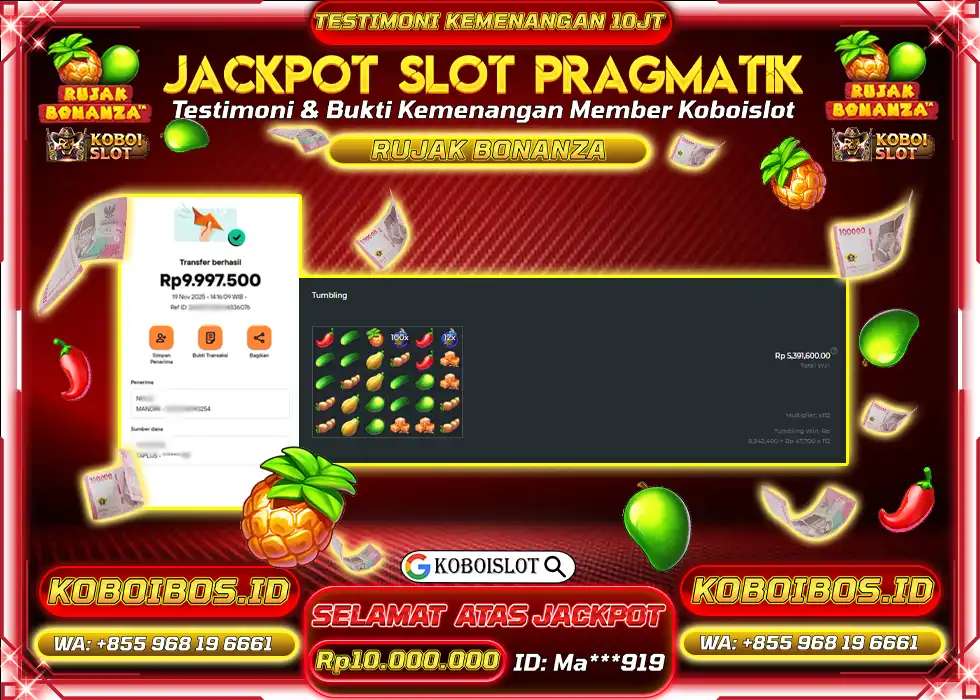 BUKTI KEMENANGAN Ma*** SLOT GACOR RUJAK BONANZA Rp10.000.000,- LUNAS