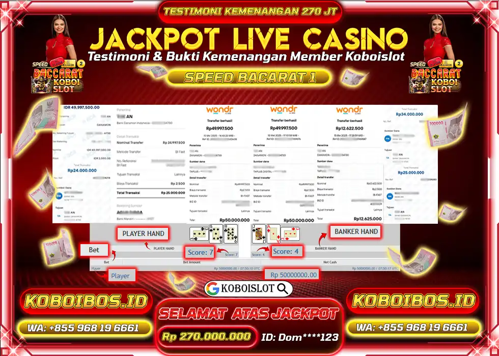 BUKTI KEMENANGAN JACKPOT LIVE CASINO SPEED BACCARAT Rp270.000.000,- LUNAS