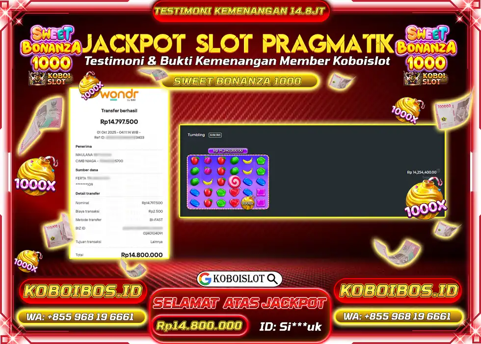 BUKTI KEMENANGAN SLOT SWEET BONANZA 1000 Rp14.800.000,- LUNAS