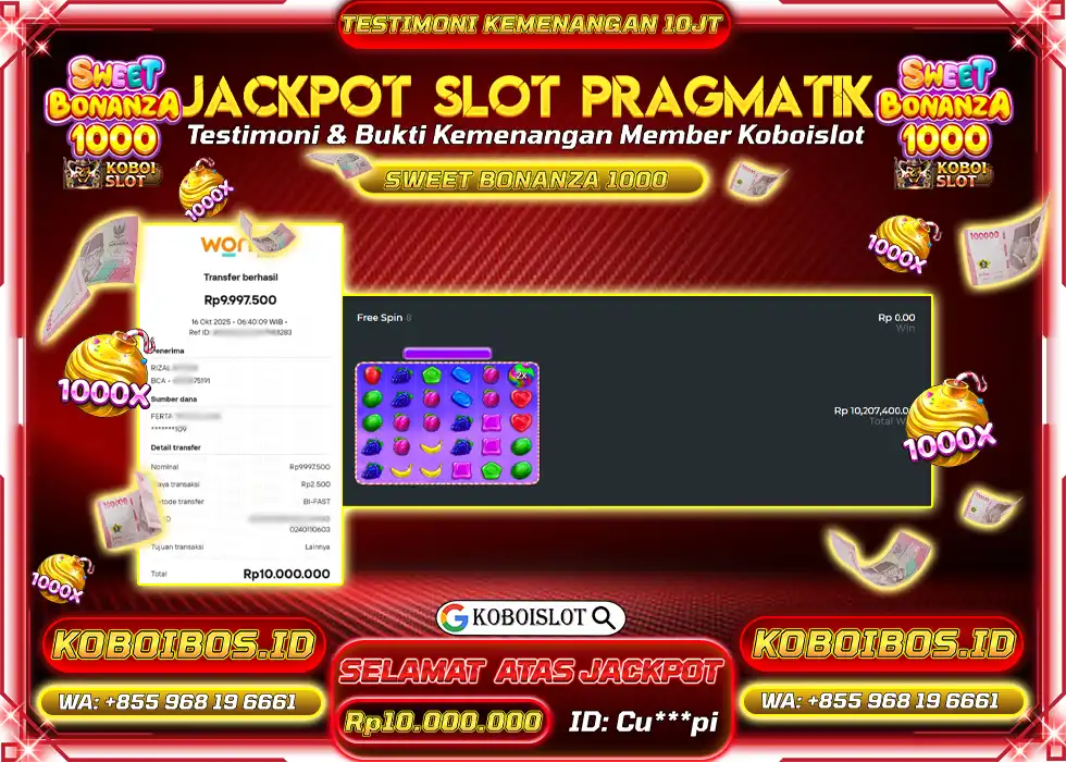 BUKTI KEMENANGAN Cu*** SLOT SWEET BONANZA 1000 Rp10.000.000,- LUNAS