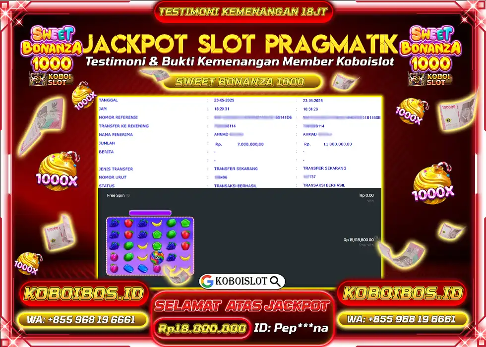 BUKTI KEMENANGAN SLOT GACOR SWEET BONANZA 1000 KOBOISLOT Rp18.000.000,- LUNAS