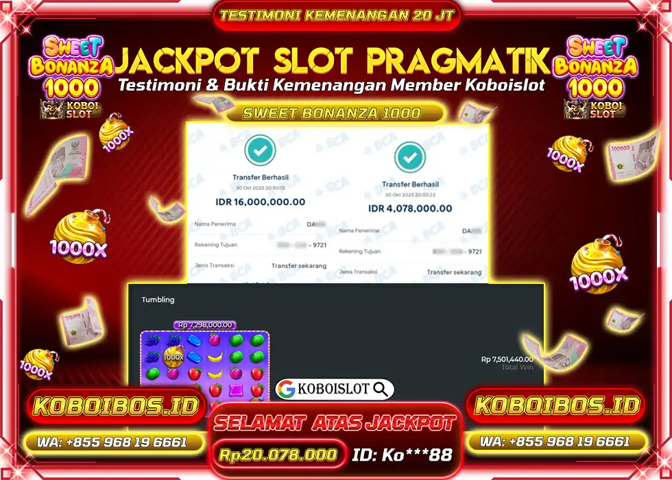 BUKTI KEMENANGAN SLOT SWEET BONANZA 1000 Rp20.078.000,- LUNAS