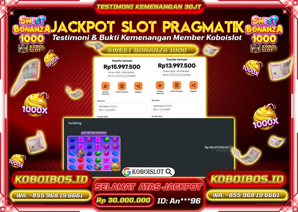 BUKTI KEMENANGAN An*** SLOT SWEET BONANZA 1000 Rp8.000.000,- LUNAS