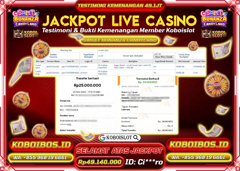 BUKTI KEMENANGAN LIVE CASINO SWEET BONANZA CANDYLAND Rp49.140.000,- LUNAS