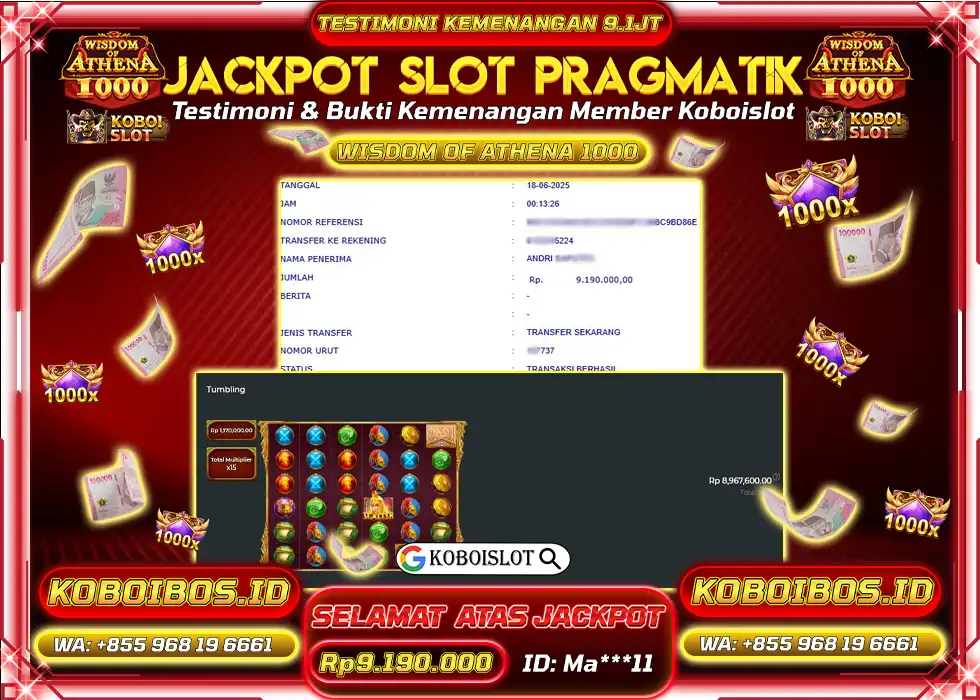 BUKTI KEMENANGAN SLOT GACOR WISDOM OF ATHENA 1000 Rp9.190.000,- LUNAS