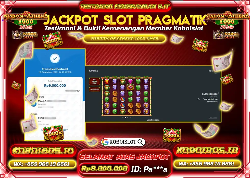 BUKTI KEMENANGAN SLOT GACOR WISDOM OF ATHENA 1000 XMAS Rp9.000.000,- LUNAS